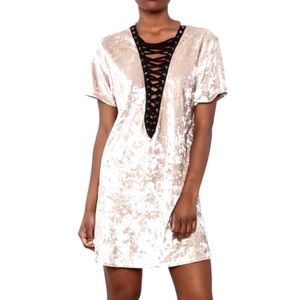 Ecru Lab Lace-Up Crushed Velvet Mini Dress